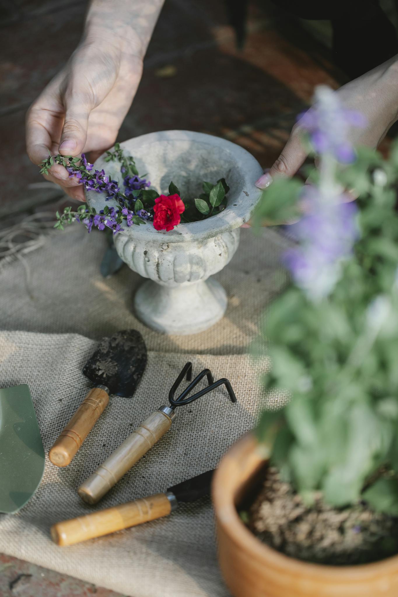 Close-up of hands arranging colorful flowers in a stone vase with gardening tools nearby. Ideal for nature and decoration themes.